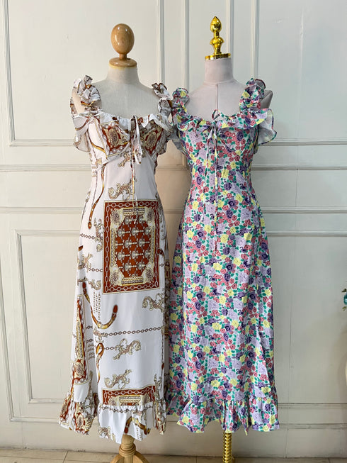 Spring Floral Ruffle Straps Side Slit Dresses
